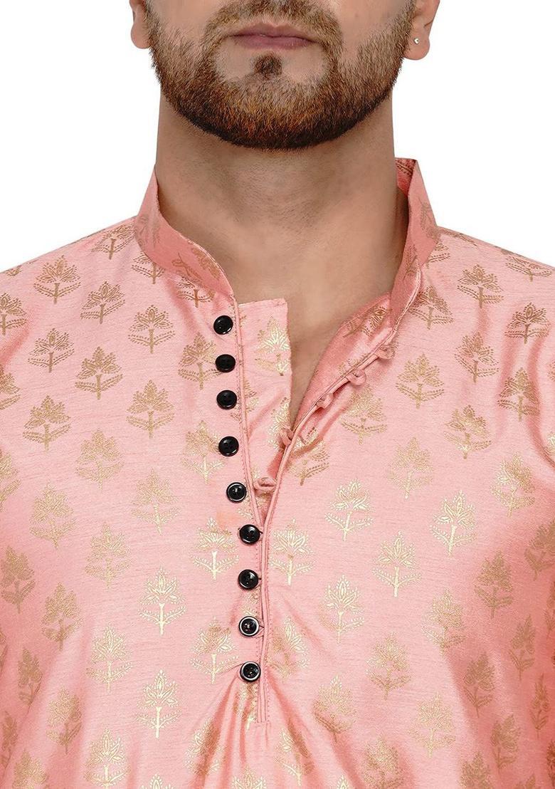 Pink Printed Silk Kurta Set For Men - Indya
