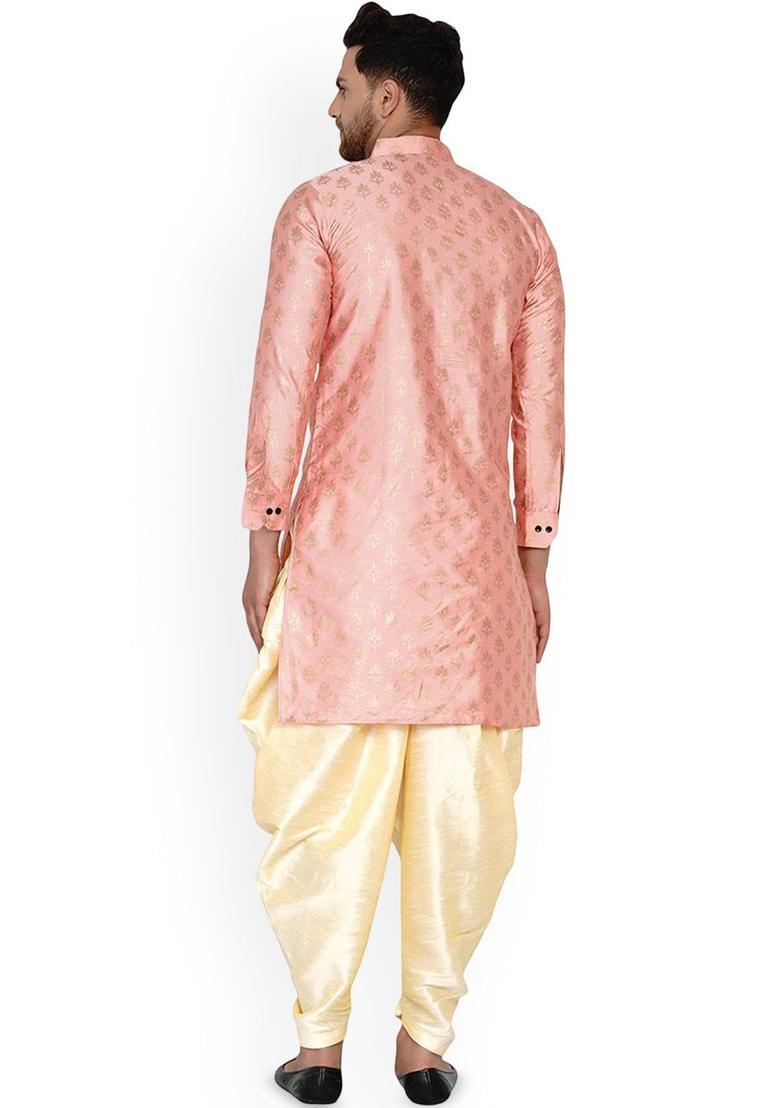 Pink Printed Silk Kurta Set For Men - Indya