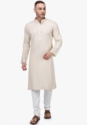 Beige Solid Cotton Kurta Set For Men