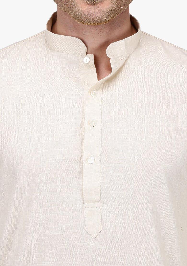 Beige Solid Cotton Kurta Set For Men - Indya