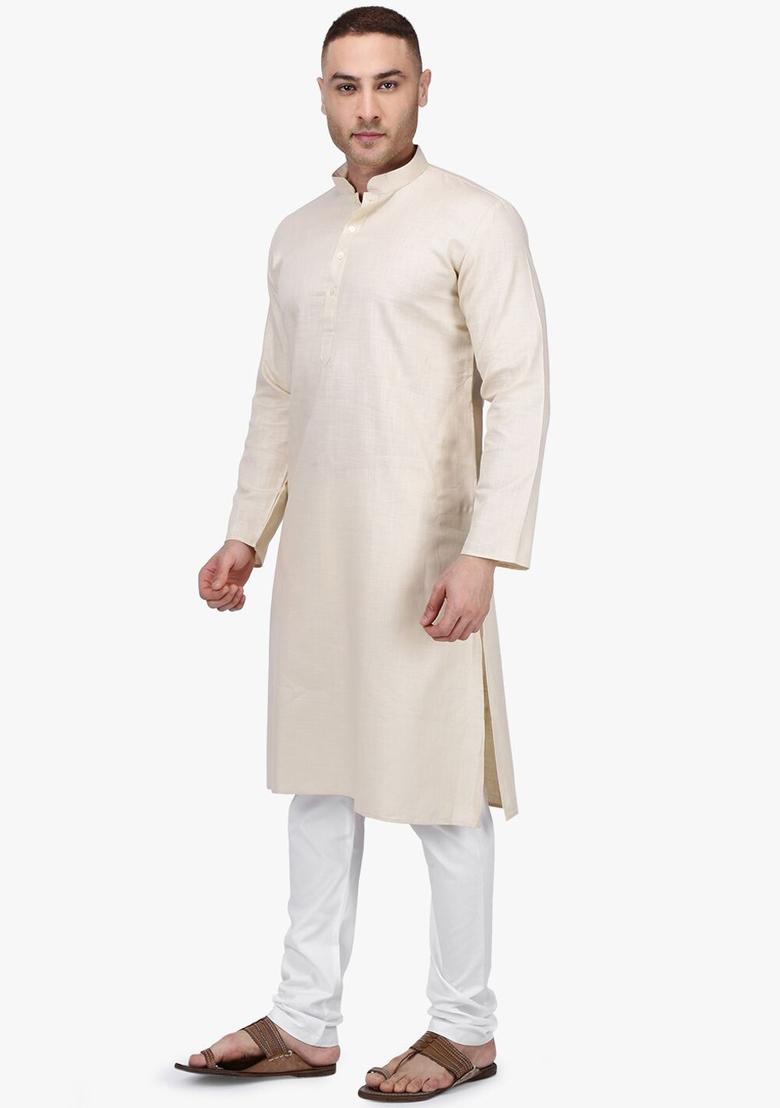 Beige Solid Cotton Kurta Set For Men - Indya