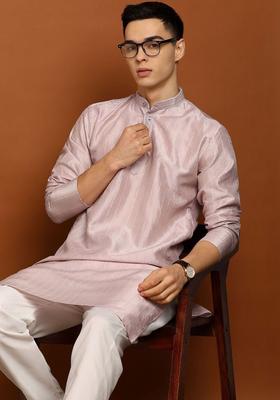 Peach Woven Design Silk Kurta Set For Men