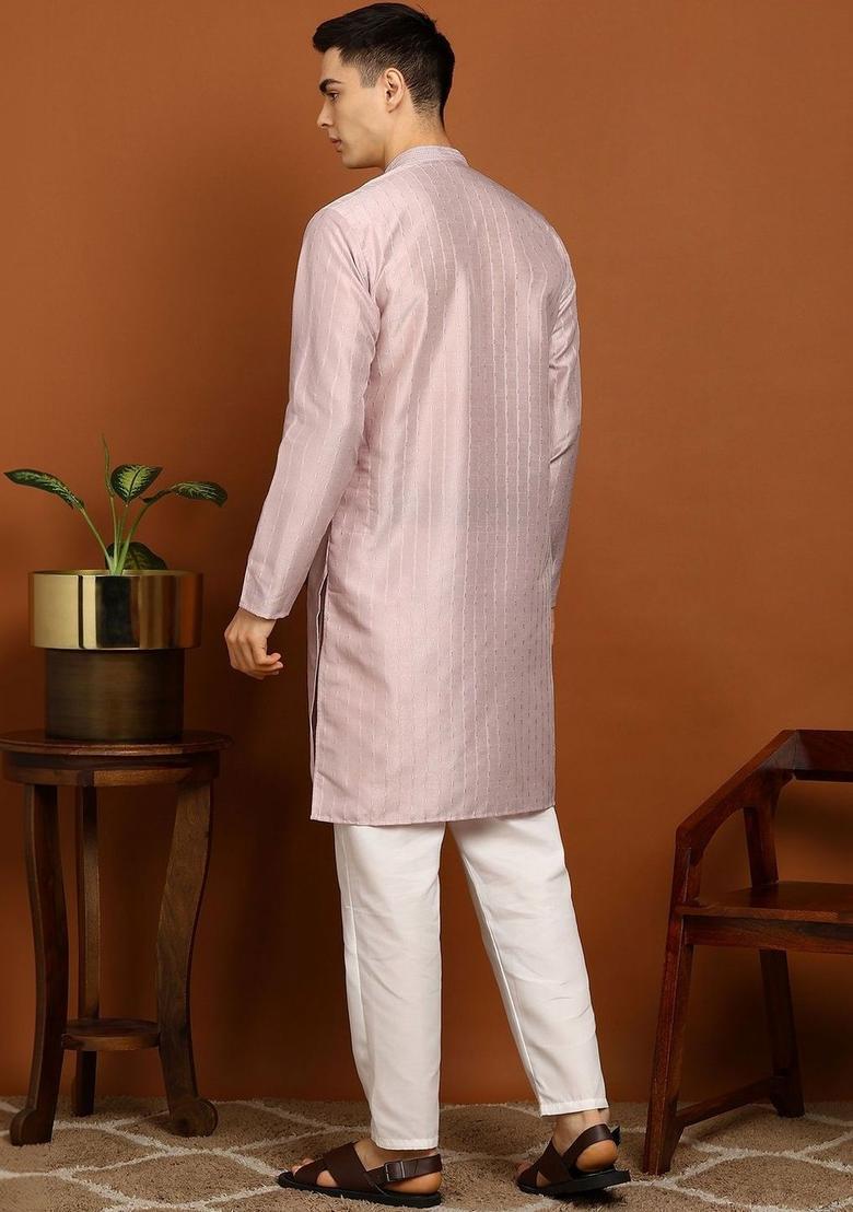 Peach Woven Design Silk Kurta Set For Men - Indya