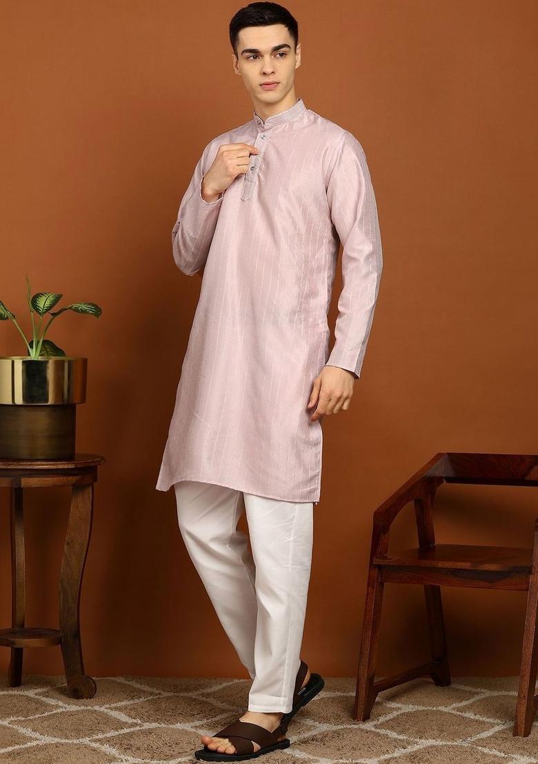 Peach Woven Design Silk Kurta Set For Men - Indya