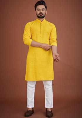 Yellow Embroidered Viscose Kurta Set For Men
