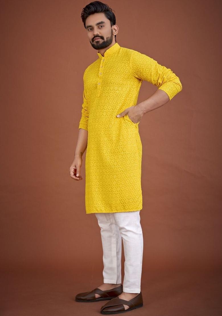 Yellow Embroidered Viscose Kurta Set For Men - Indya