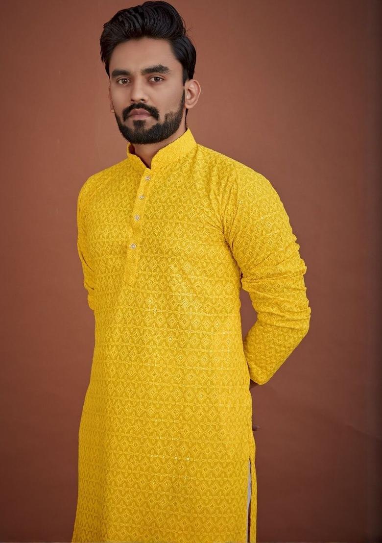 Yellow Embroidered Viscose Kurta Set For Men - Indya