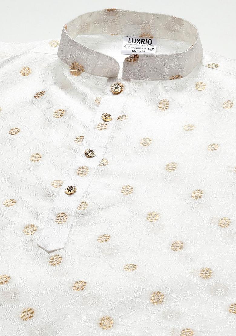 White Embroidered Cotton Kurta Set For Men - Indya