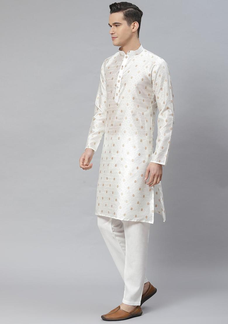 White Embroidered Cotton Kurta Set For Men - Indya
