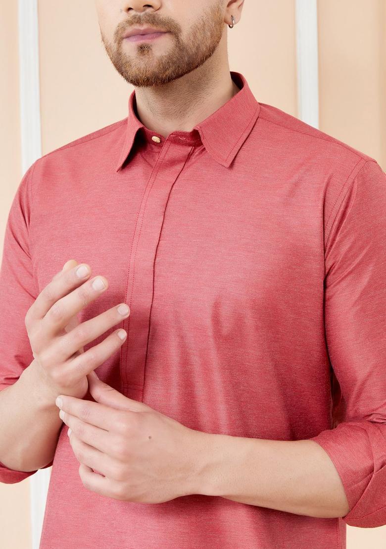 Red Solid Cotton Kurta Set For Men - Indya