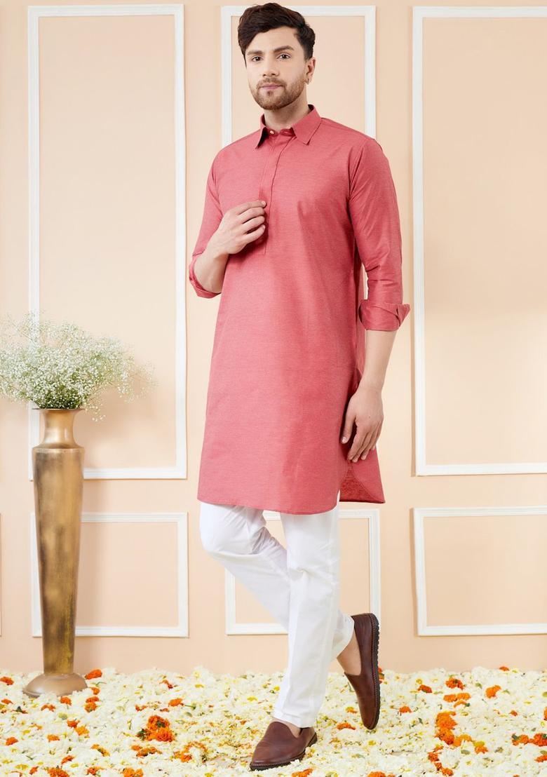 Red Solid Cotton Kurta Set For Men - Indya