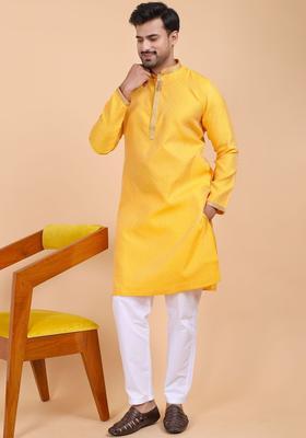 Yellow Woven Design Silk Kurta Set For Men