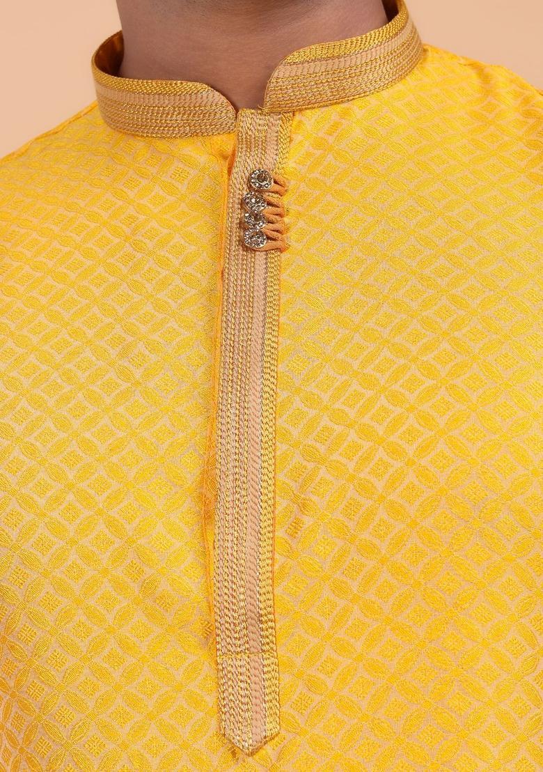 Yellow Woven Design Silk Kurta Set For Men - Indya