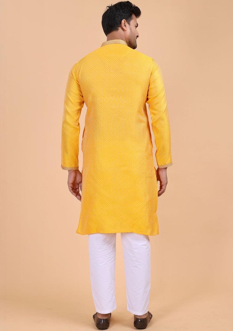 Yellow Woven Design Silk Kurta Set For Men - Indya