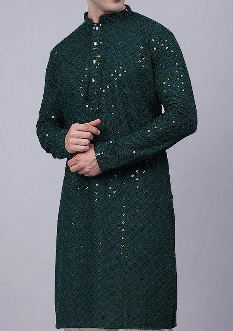 Green Embroidered Polyester Kurta Set For Men - Indya