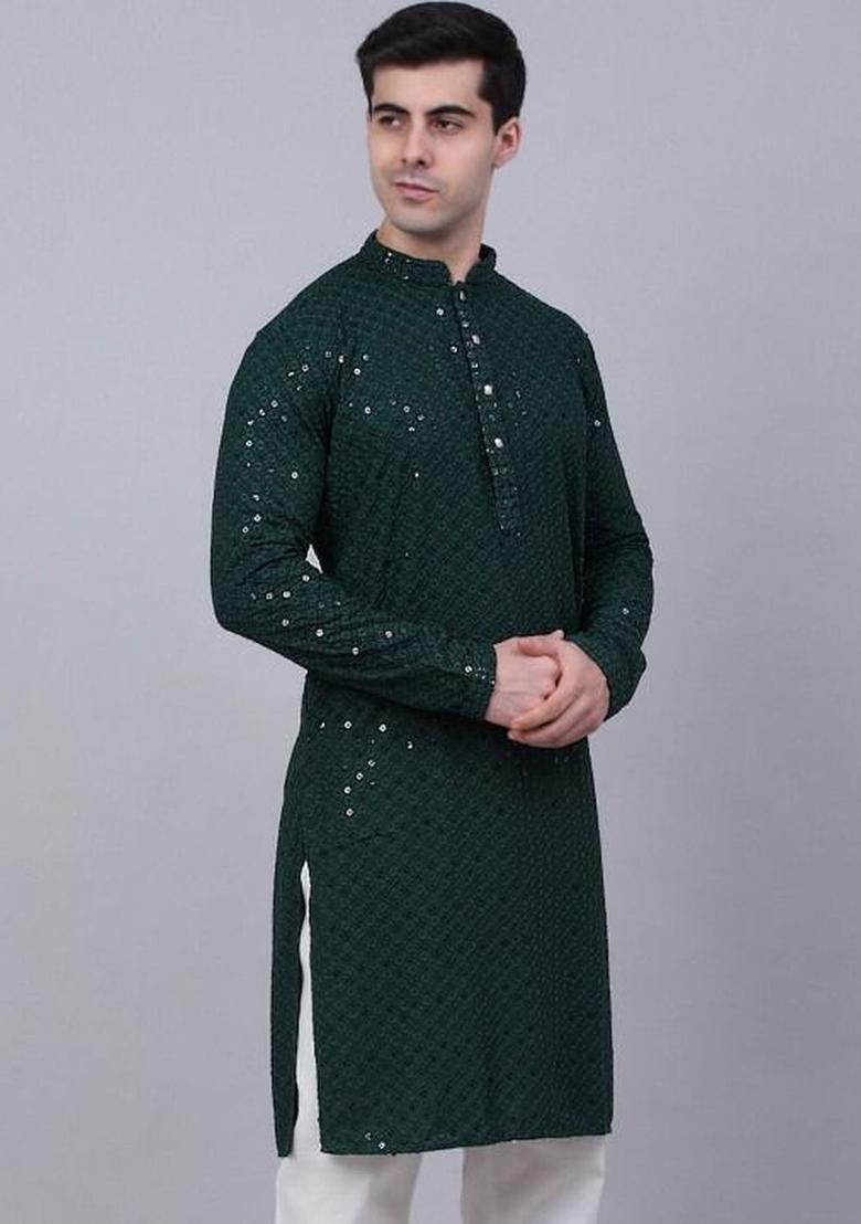 Green Embroidered Polyester Kurta Set For Men - Indya
