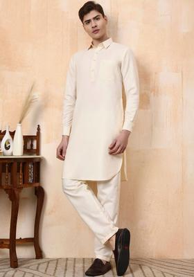 Cream Solid Cotton Kurta Set For Men