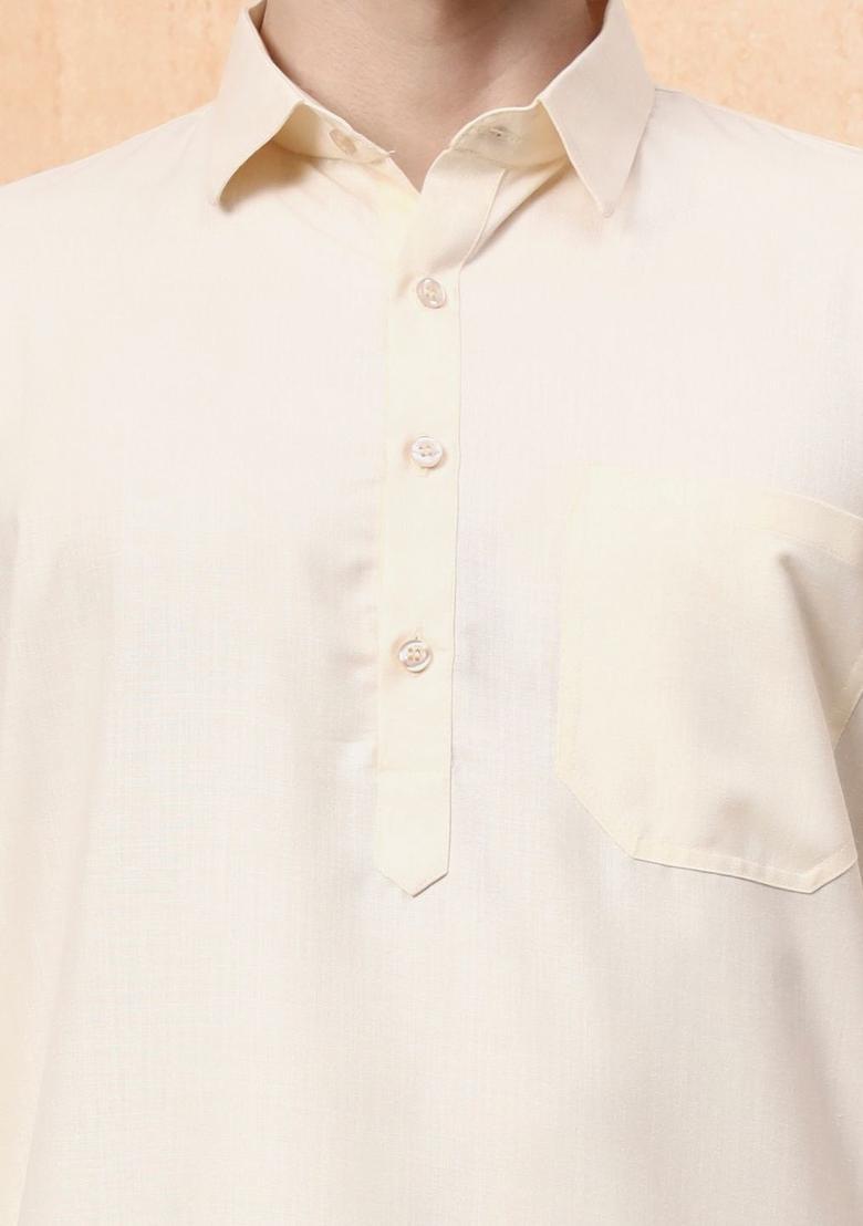 Cream Solid Cotton Kurta Set For Men - Indya