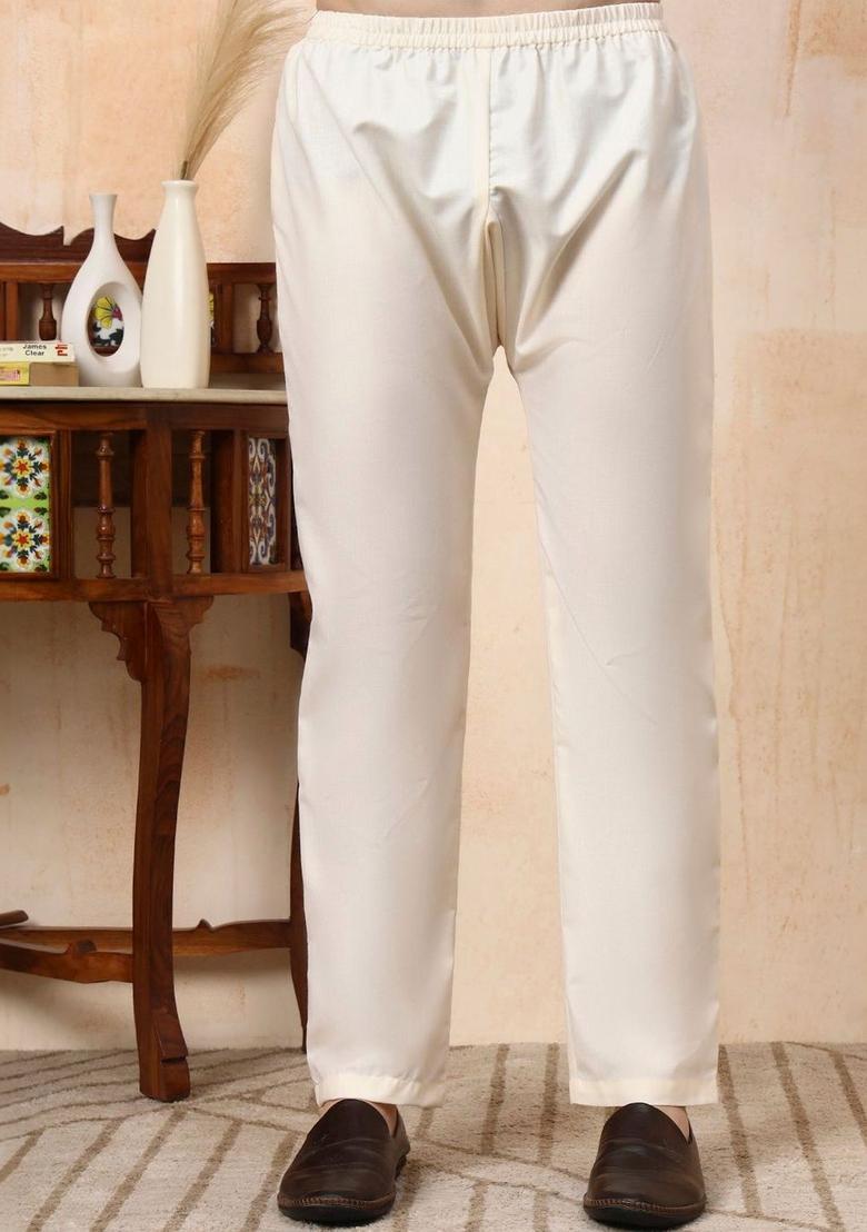 Cream Solid Cotton Kurta Set For Men - Indya