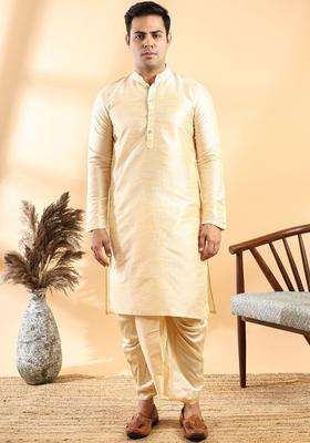 Cream Self Design Silk Kurta Set For Men
