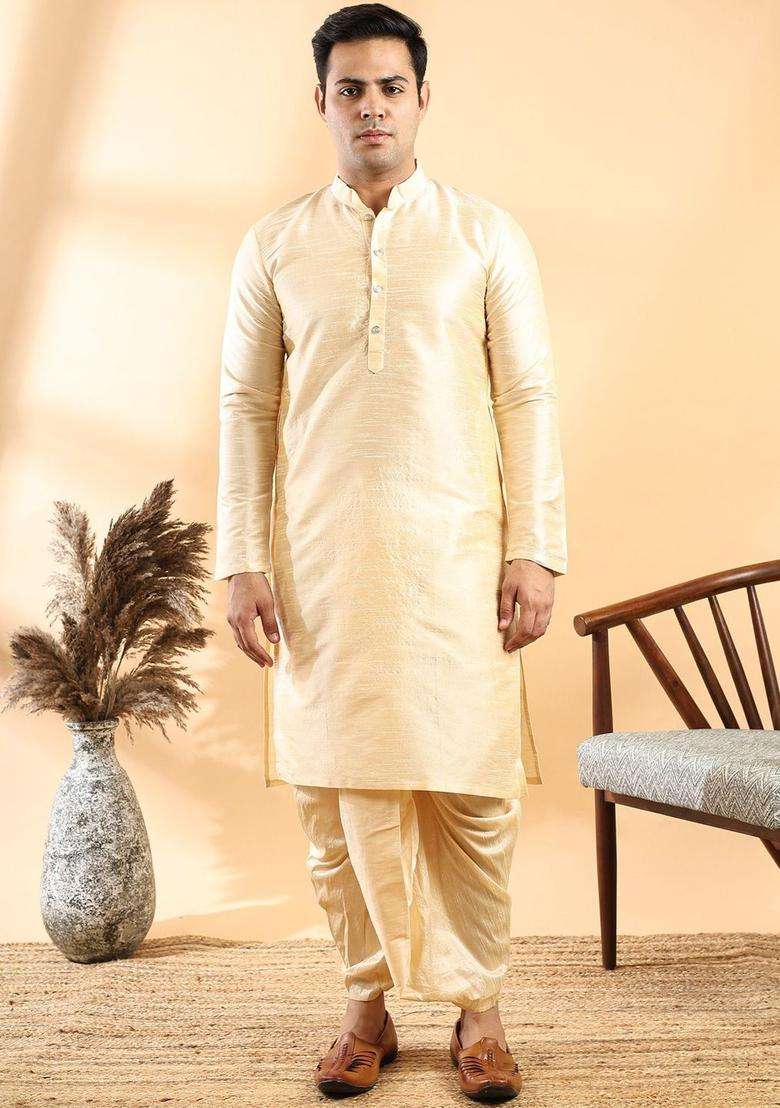 Cream Self Design Silk Blend Kurta Set For Men - Indya