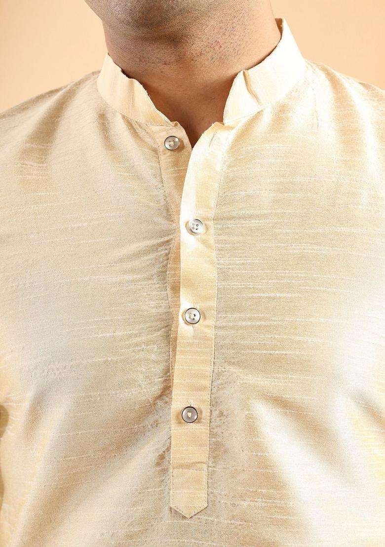 Cream Self Design Silk Blend Kurta Set For Men - Indya