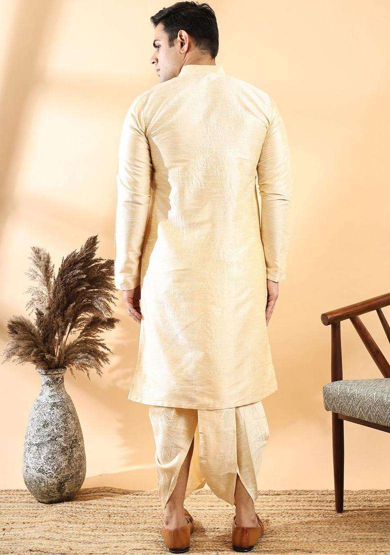 Cream Self Design Silk Blend Kurta Set For Men - Indya