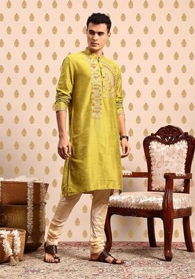 Lime Green Embroidered Polyester Kurta Set For Men