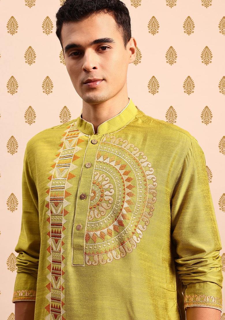 Lime Green Embroidered Polyester Kurta Set For Men - Indya
