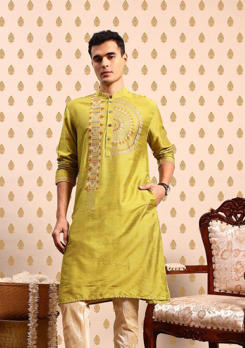 Lime Green Embroidered Polyester Kurta Set For Men - Indya