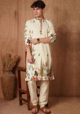 Off White Embroidered Cotton Kurta Set For Men