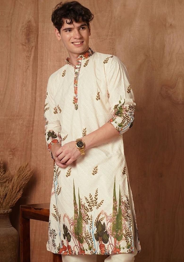 Off White Embroidered Cotton Kurta Set For Men - Indya