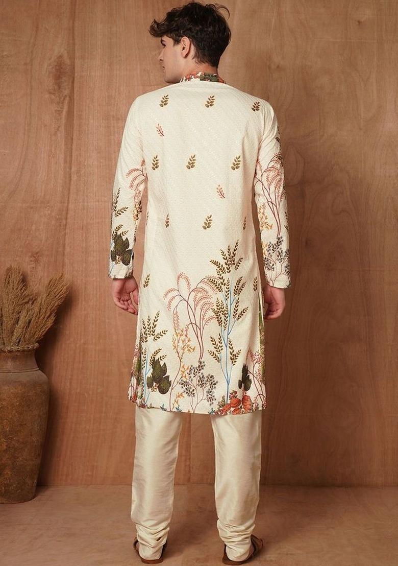 Off White Embroidered Cotton Kurta Set For Men - Indya