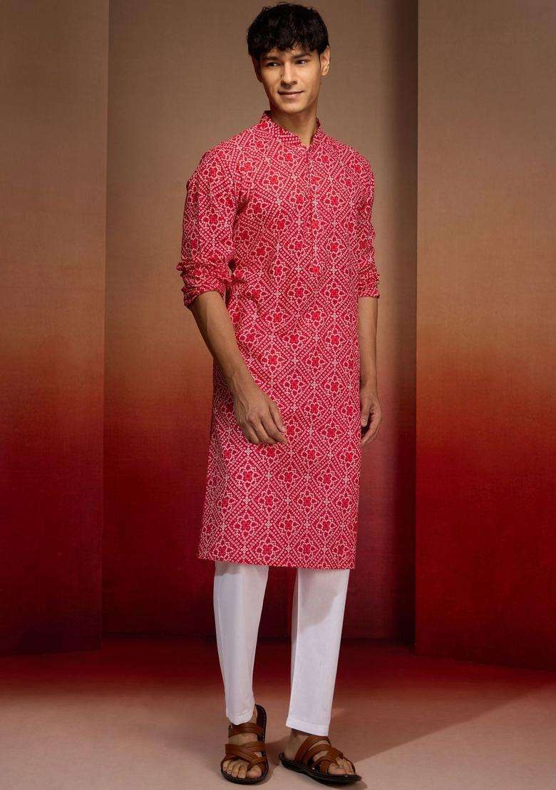 Red Printed Cotton Kurta Set For Men - Indya