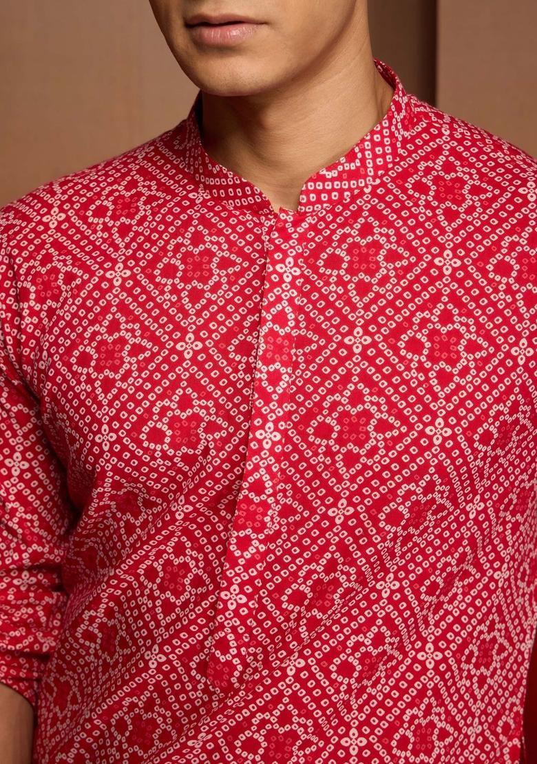 Red Printed Cotton Kurta Set For Men - Indya