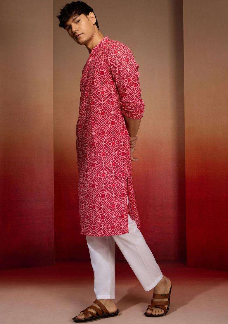 Red Printed Cotton Kurta Set For Men - Indya