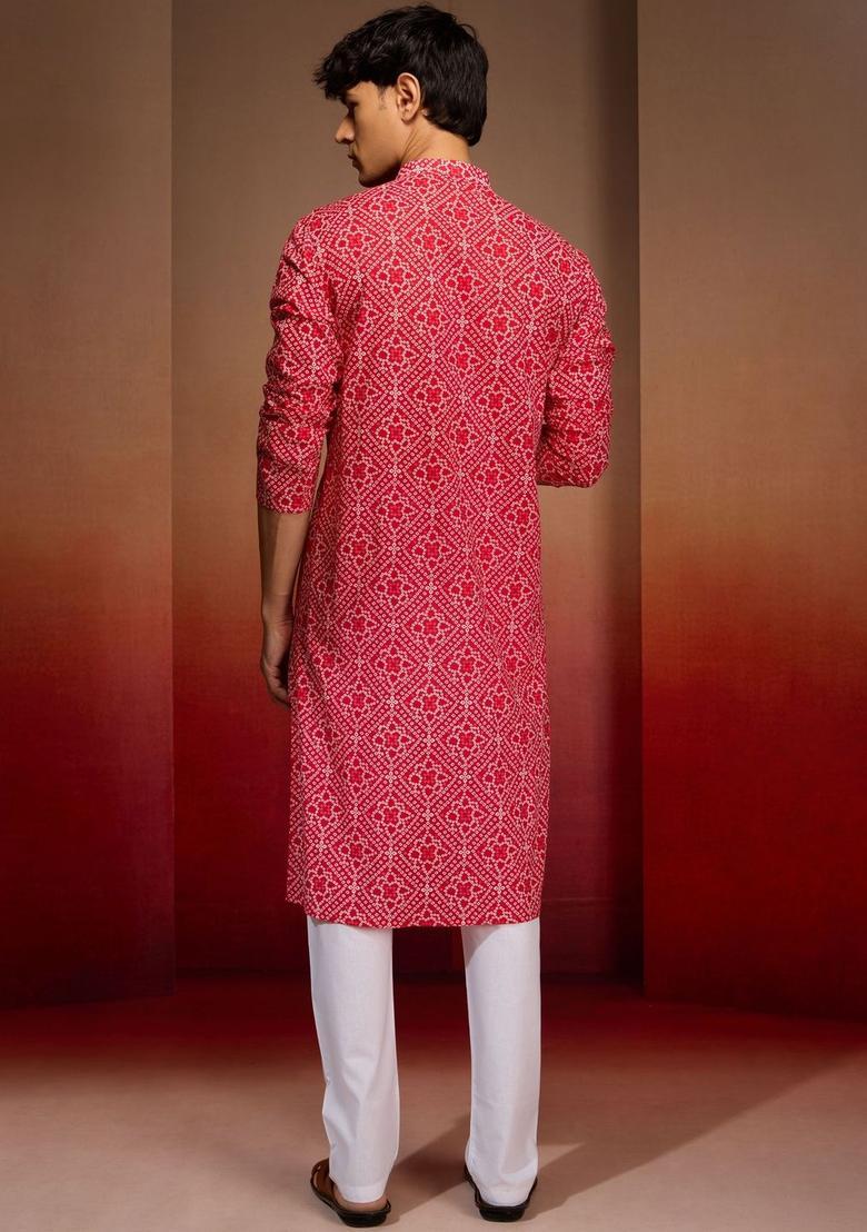Red Printed Cotton Kurta Set For Men - Indya