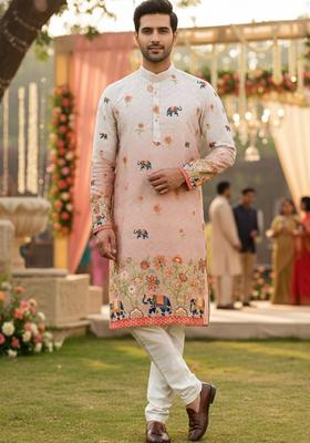 Peach Embroidered Cotton Kurta Set For Men