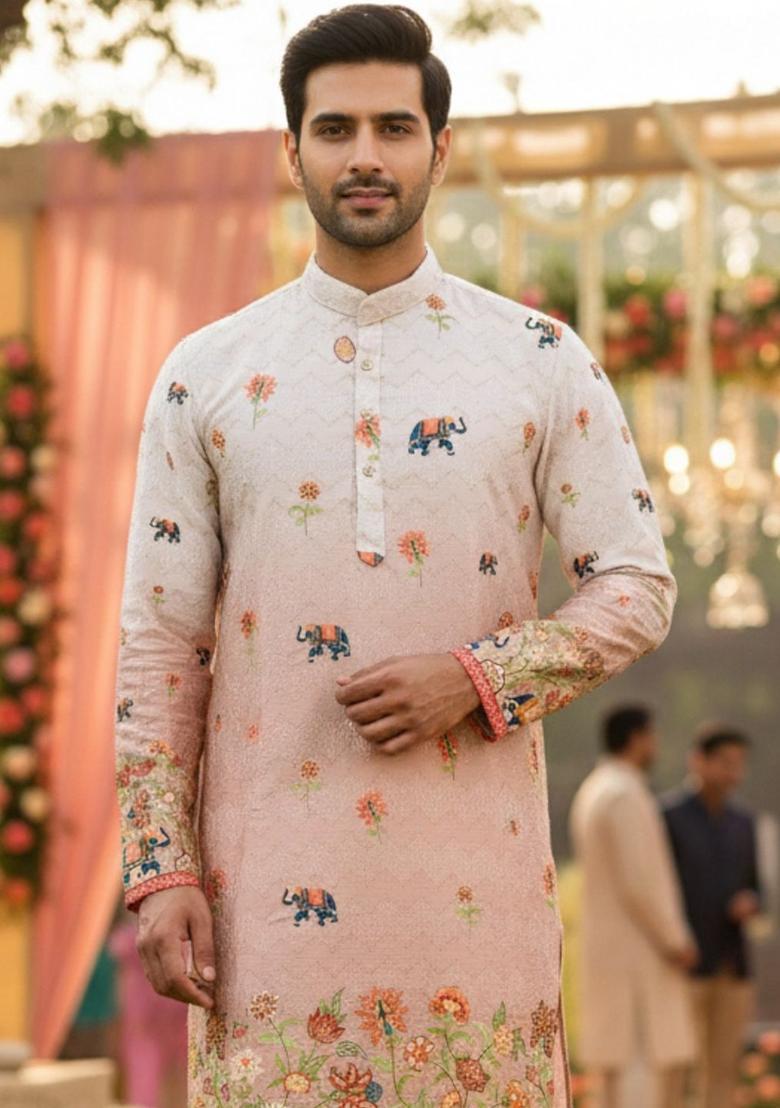 Peach Embroidered Cotton Kurta Set For Men - Indya