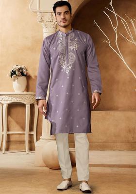 Purple Embroidered Cotton Kurta Set For Men