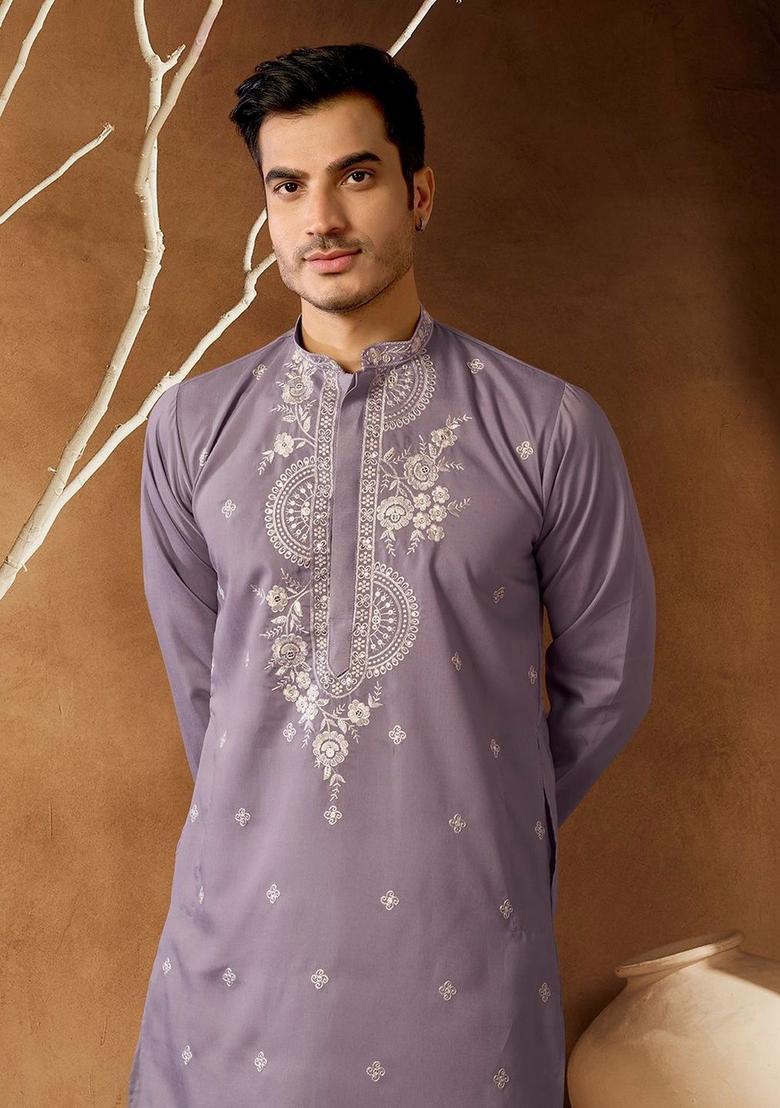 Purple Embroidered Cotton Kurta Set For Men - Indya