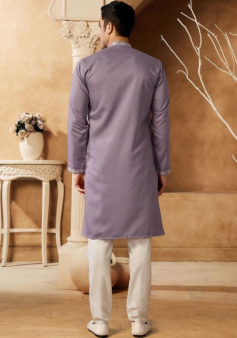 Purple Embroidered Cotton Kurta Set For Men - Indya