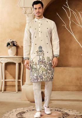 Off White Embroidered Cotton Kurta Set For Men