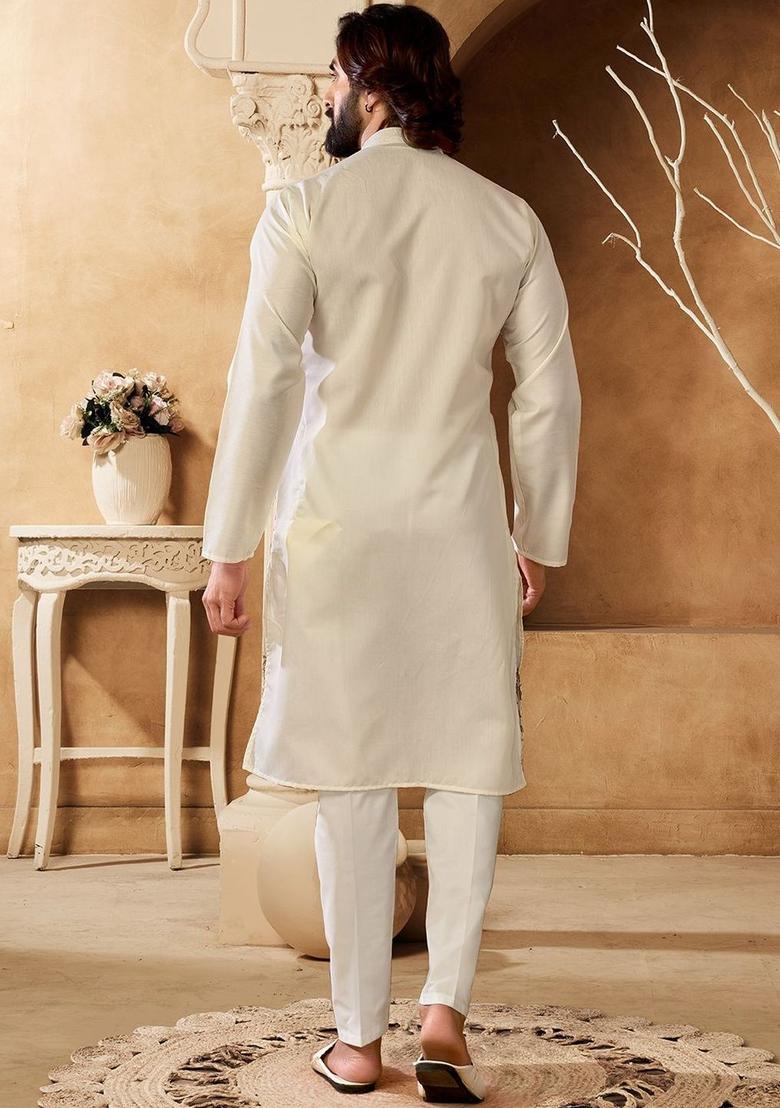 Off White Embroidered Cotton Kurta Set For Men - Indya