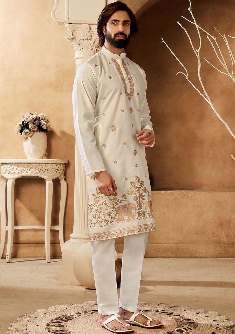 Off White Embroidered Cotton Kurta Set For Men - Indya
