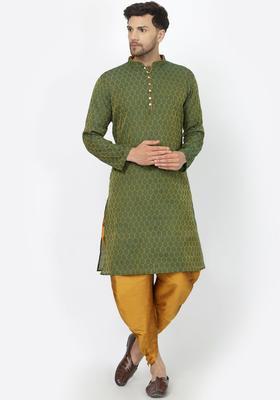 Green Woven Design Cotton Kurta Set For Men