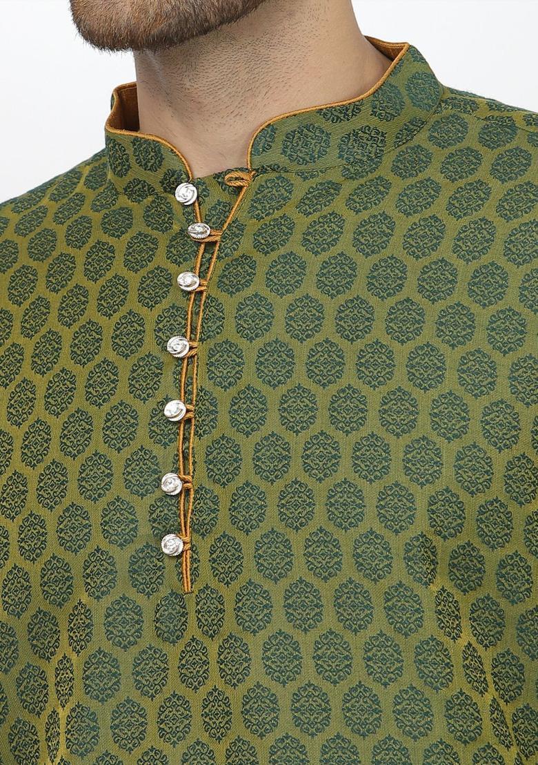 Green Woven Design Cotton Kurta Set For Men - Indya