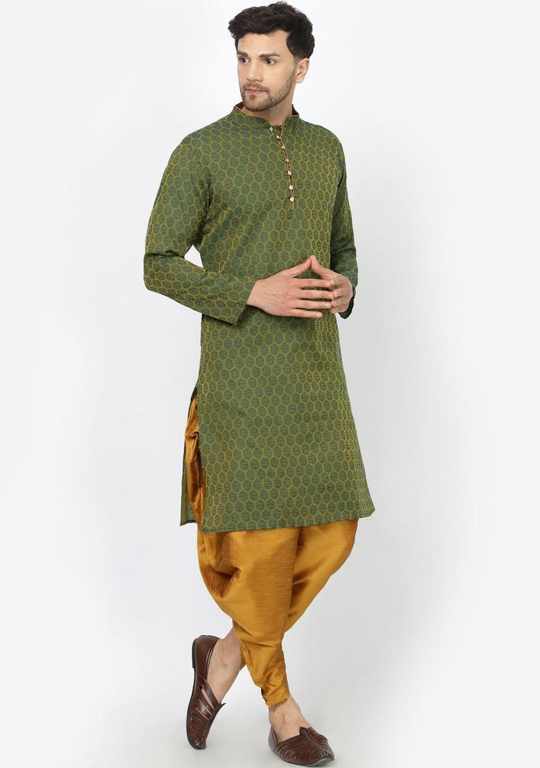 Green Woven Design Cotton Kurta Set For Men - Indya