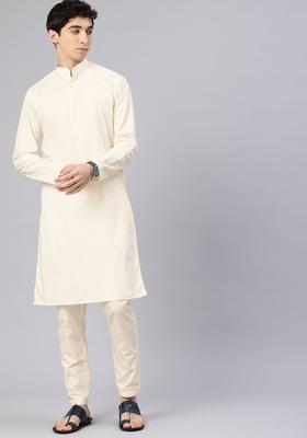 Cream Solid Cotton Kurta Set For Men