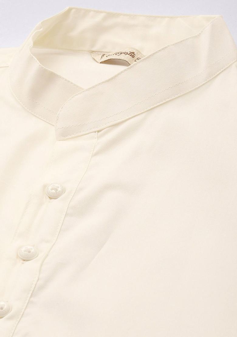 Cream Solid Cotton Kurta Set For Men - Indya